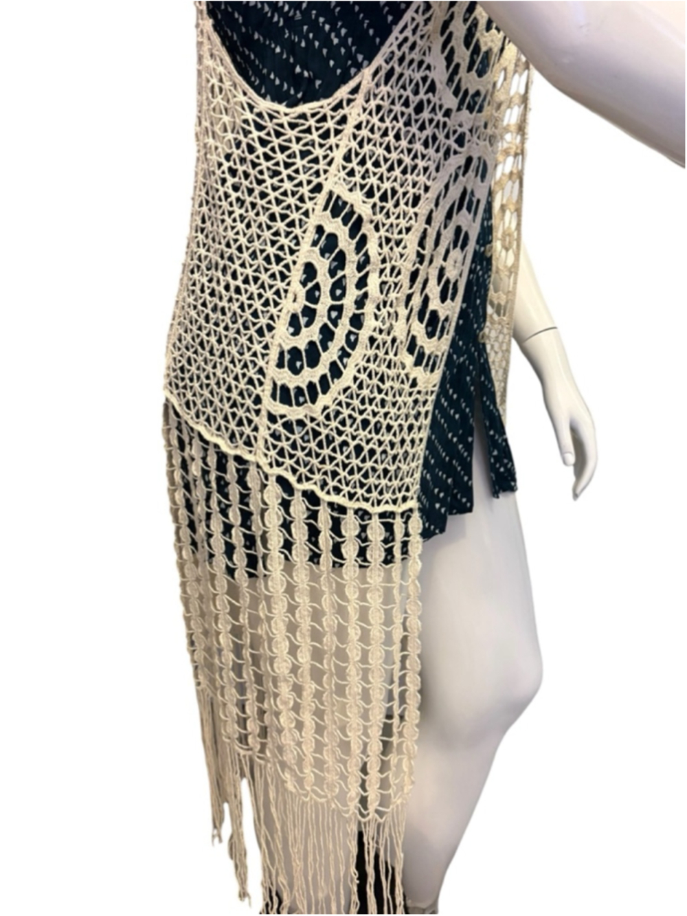 Boho Crochet Fringe Longline Vest, O/S, Festival Cover-up Duster - Picture 4 of 13